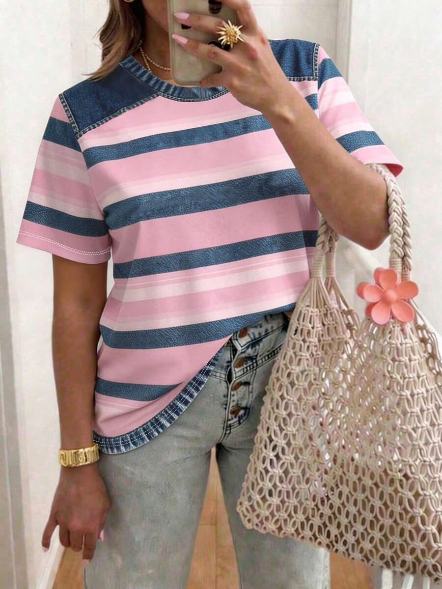 EMERY ROSE Kaos Wanita Lengan Pendek Leher Bulat Motif Garis-Garis Patchwork Kasual Serbaguna Formal Liburan Musim Panas Warna Pink - MultiWarna - View 1