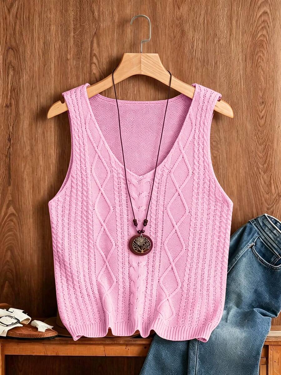 Franclia Women's Casual Everyday Commute Solid Color Cable Knit Top, Summer - Baby Pink - View 1