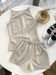 Bộ áo tank top và quần short màu mơ cho bé gái tuổi teen, trang phục thường ngày, cỡ lớn. - Màu be - Xem 2