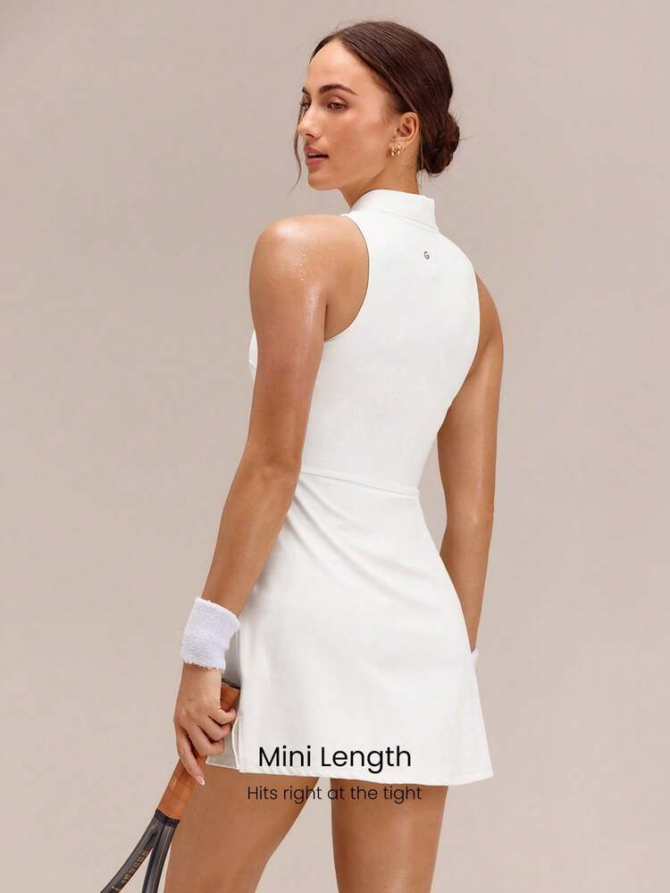 Fairway Flair Quick-Dry Side Pockets Side-Split Hem Non-Padded Half-Placket Polo Dress With Built-In Shorts Anti-Slip Grips Tennis Golf Pickleball Dai