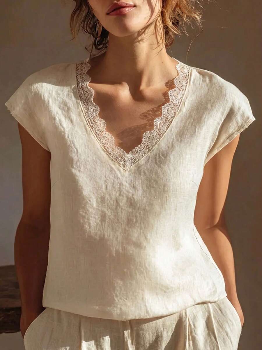Weeklong Apricot Cotton Linen Lace Splice Collar Short Sleeve Shirt Comfortable Cotton Linen Pastoral Style Casual Vacation Spring Summer Plus Size Shirt - Light Yellow - View 1