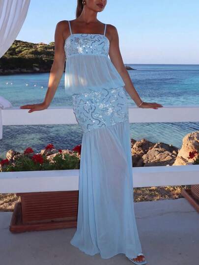 Lumalex Sky Blue Embellished Maxi Dress With Detachable Spaghetti Straps Sheer Chiffon Layered Bust Overlay Beaded Floral And Sequin Embroidery Fitted Bodycon Mid Panel Soft Ruffle Tiered Skirt And Flowing Floor Length Hem, Perfect For Summer, Vacation, Holiday, Spring-Break Trips, Cruises, Beach Weekends, Vacations, Parties, Date Nights, Honey Moon, Weddings, Proms, Banquets, Birthdays, Coachella, Carnivals, Coachella, Festivals, And Other Holiday Events, Boho-Casual Flair, Quiet Luxury, Business Chic, And Relaxed Vacay Elegance, Style For Luxury Proms, Receptions, Banquets, Raves, Festivals, Holiday Gatherings, Outdoor Evening Occasions-Ideal, Party Looks, Spring Outfit Women, Beach Outfits, Carnival Women Look 2026, Party Dress, Elegant Party Outfits For Women, Wedding Guest Outfits For Women, Elegant Top For Women, Vacation Outfits For Women