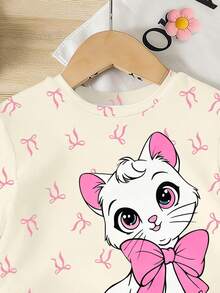 Elladie kids 一套女童休闲时尚甜美可爱蝴蝶结印花粉色大蝴蝶结猫咪图案短袖T恤和骑行短裤套装，适合外出、休闲、节日等场合。浅杏色夏季套装 - 彩色 - 查看 4