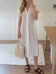 Easowa 女士V领短袖条纹休闲迷你连衣裙，夏季 - 杏色 - 查看 5