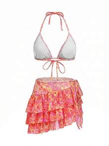 SHEIN 女士夏季沙滩印花露背系带性感比基尼和三角泳裤泳装套装，含迷你裙，适合海滩度假、游艇派对、度假休闲、船上派对等场合。 - 彩色 - 查看 2