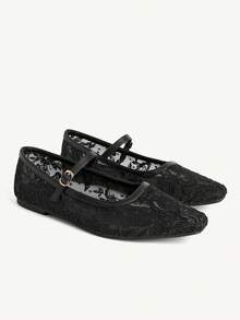 CUCCOO CHICEST Giày nữ mũi vuông nhỏ đế bằng buộc dây lưới thoáng khí, giày đế bằng cổ thấp cho nữ, nhẹ, thoải mái và đơn giản, giày Mary Jane đế bằng đa năng cho việc đi lại hàng ngày. - 2025 Lace Black số 1 - Xem 2