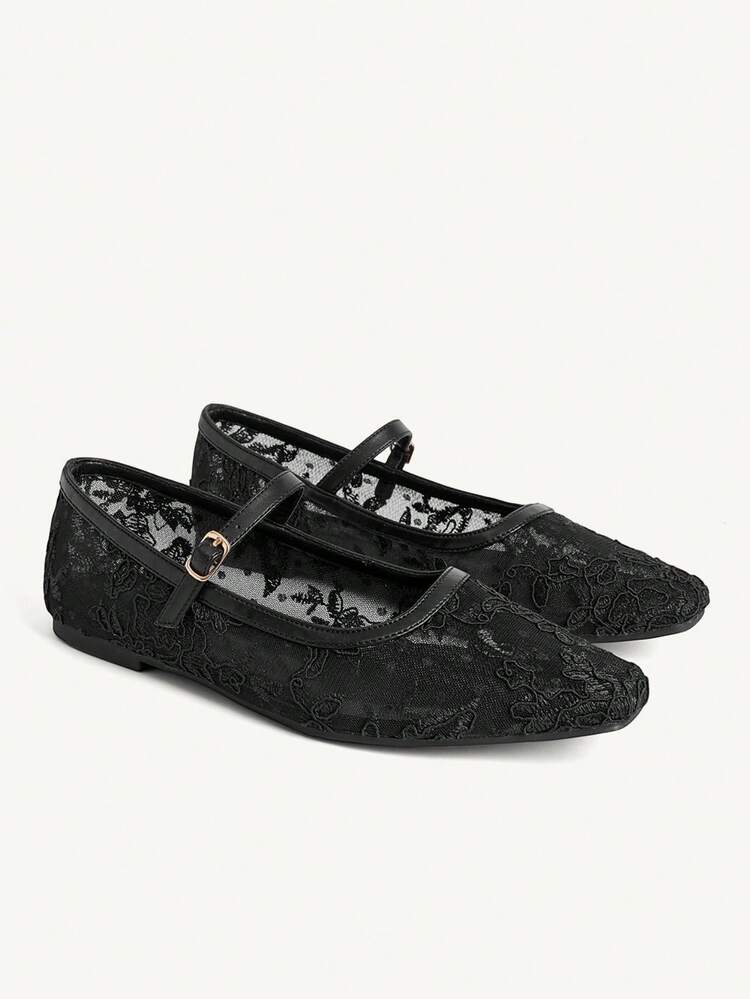 CUCCOO CHICEST Women Shoes Small Square Toe Flat Bottom Lace Mesh Breathable Women's Low Vamp Flat Sole Shoes Light, Comfortable And Simple Commuting Daily Versatile Mary Jane Women Flat Sole Shoes