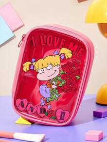 Nick 90s | SHEIN 1 Túi đựng mỹ phẩm PVC dung tích lớn in hình hoạt hình, túi đựng đồ đa năng, thích hợp cho nhu cầu hàng ngày, du lịch, văn phòng, trang điểm, học tập, phù hợp cho cả nam và nữ ở mọi lứa tuổi, Love, Nick90s - Hồng - Xem 2