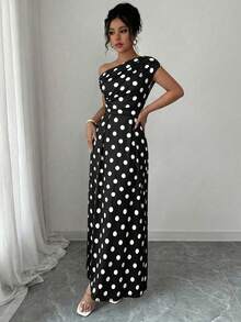 SHEIN Elenzya Đầm chữ A thanh lịch, lãng mạn, bất đối xứng chấm bi, thắt eo, thích hợp cho tiệc trà ngày Valentine. - Nhiều màu - Xem 6