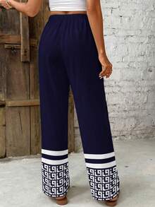 SHEIN Frenchy 休闲简约度假波西米亚风优雅复古藏蓝色印花图案沙滩装、度假装、女士夏季装、女士松紧腰休闲裤 - 彩色 - 查看 2