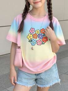 女童休闲彩虹扎染花卉印花圆领短袖T恤，百搭花卉图案T恤，适合春、夏、秋季穿着，4-7岁。 - 白色 - 查看 3
