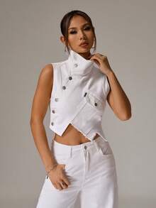 SHEIN PETITE Women's Asymmetrical Design Denim Jacket - White - View 6