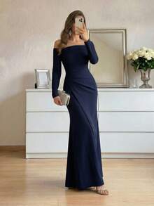 Modelyn 1 件女式不对称领口长袖褶皱长款派对礼服，时尚宴会派对除夕节社交名媛优雅礼服，婚礼宾客礼服，正式礼服，晚礼服 - 藏蓝色 - 查看 3