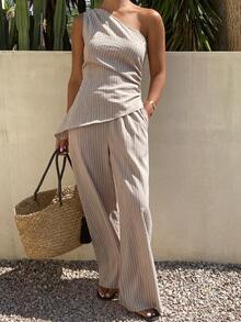 DAZY 女士不对称下摆宽松两件套，适合春夏穿着 - 卡其色 - 查看 4