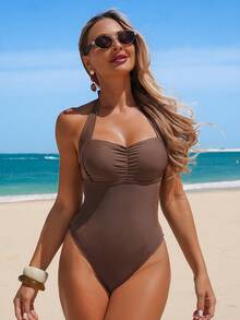 Shapewave Maiô elegante de uma peça com controle de barriga, em contraste de cores marrom, franzido e modelagem que afina a silhueta, ideal para primavera/verão. - Castanho - Ver 6