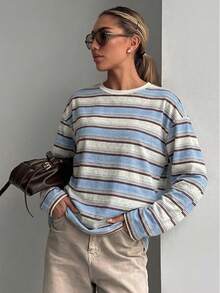 Camiseta de manga larga y cuello redondo holgada con rayas para mujer, ropa de otoño - Gris Claro - Ver 6