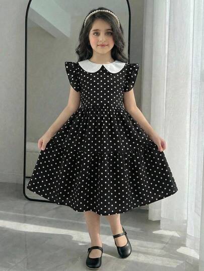 Tween Girl Elegant Patchwork Contrast Color Collared Sleeveless Dress, Vintage Black & White Polka Dot Collared Cap Sleeve Dress