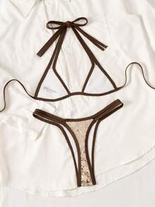 Swim SXY Sexy Swimwear For Women, Deep Brown Trim Design, Sequin Fabric, Adjustable Shoulder Straps, Bikini Style, Suitable For Vacation, Beach, Party, Pool - Champagne - View 2