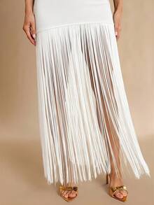 Silquee Bộ áo croptop cổ cao không tay và chân váy ngắn tua rua dành cho nữ, thích hợp cho tiệc tùng, hẹn hò, biểu diễn và các dịp khác, mùa xuân/hè. - trắng - Xem 5