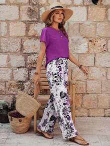 Faunlyn 2pcs/Set Women Casual Round Neck Top And Loose Pants, Versatile Outfit Suitable For Spring And Autumn - Purple - View 5