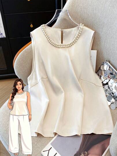 SHEIN Clasi 大码无袖上衣，仿珍珠饰边，纯色，优雅