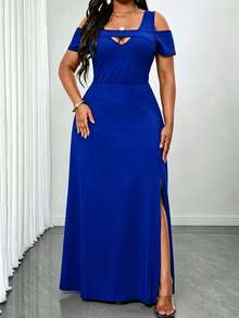 SHEIN Lady New Plus Size Lady Strapless Maxi Dress In Navy Blue, & Charming, Thigh High Slit Vacation - Royal Blue - View 5