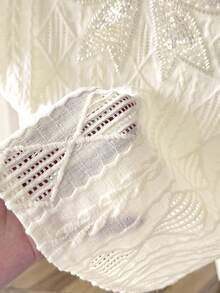 Teen Girl White Spring/Summer Casual Elegant Loose Drop Shoulder Round Neck Textured Embroidered Detailed Beaded Oversized Bow Decor T-Shirt, Apricot - White - View 5