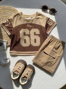 SHEIN 2pcs Baby Boy Summer Casual Sports Digit Print T-Shirt And Cargo Shorts Set, Sports Outfit - Multicolor - View 4