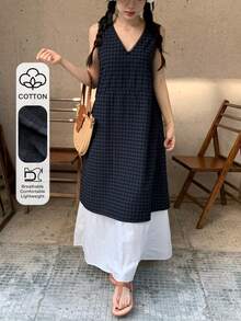 DAZY Women's Plaid V-Neck Sleeveless Mid-Length Dress Sun Dresses For Women Summer Golf White Basic Sexy - Black - View 1