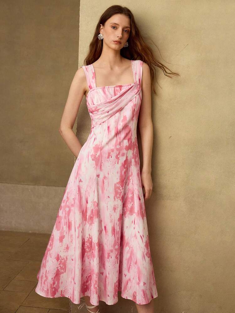 WOMEN'S MID-LENGTH DRESS, FRENCH DESIGN PINK & WHITE, FLARED STRAP DRESS WITH ABSTRACT PATTERN