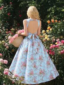 SHEIN MOD Romantic Floral Print Open Back Bow Tie Dress - Blue - View 2