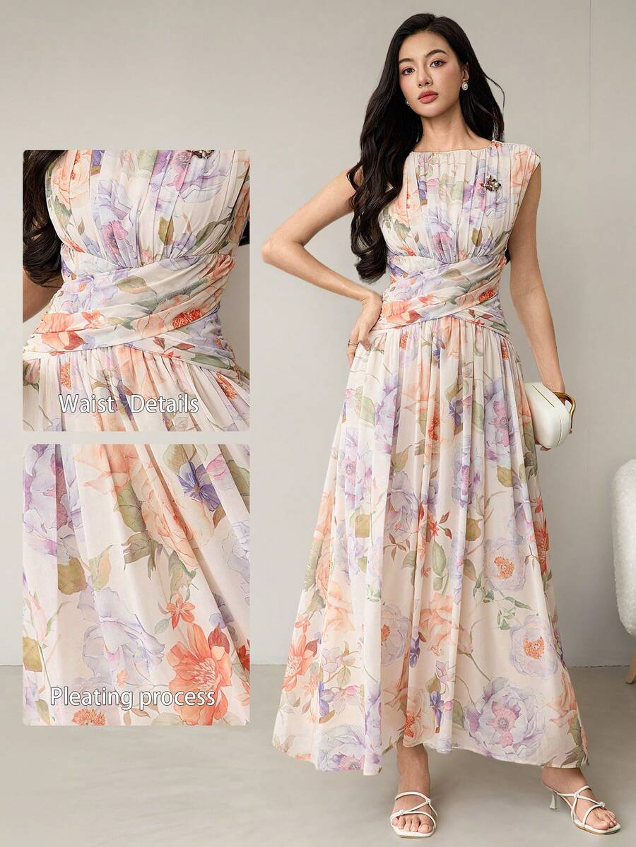 Heiryn Women's Elegant Floral All-Over Print Long Dress Women Summer Clothing