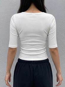 Dazy Star Women's Casual Daily Commute Minimalist Solid Color Half-Button T-Shirt, Summer - White - View 6