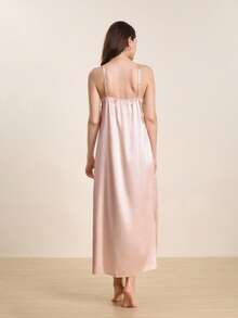 Hourtrue 1 pieza Camisón de mujer de seda de hielo con tirantes finos, ropa de dormir sexy con ribete de encaje de seda sintética, primavera/verano - Champán - Ver 2