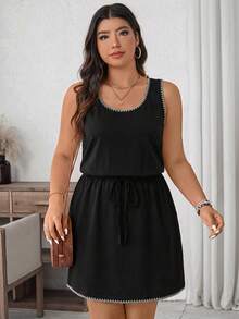 EMERY ROSE Vestido de verano casual de talla grande para mujer con detalles de pespunte en contraste, sin mangas y con cintura anudada, para vacaciones y uso diario - Multicolor - Ver 6