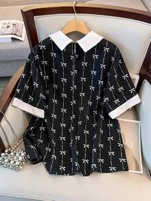 SHEIN Clasi Plus Size Contrast Color Collared Short Sleeve Polka Dot Print Blouse - Black and White - View 2