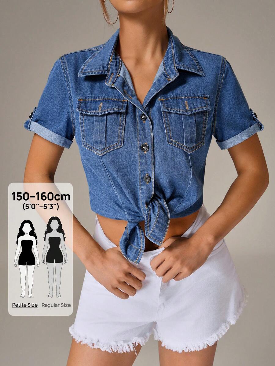 SHEIN PETITE 女士纽扣式休闲百搭牛仔衬衫，适合约会和外出穿着 - 藍色 - 查看 1