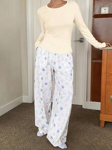 DAZY 2pcs Solid Color Knit Combination Ocean Element All-Over Print Solid Color T-Shirt, Women Summer Sleepwear Set - White - View 5