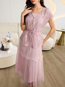 Modelyn Women's French Style Light Pink Jacquard Vest Mesh Strap Dress 2 Pieces Set Wedding Party Summmer - Pink - View 2