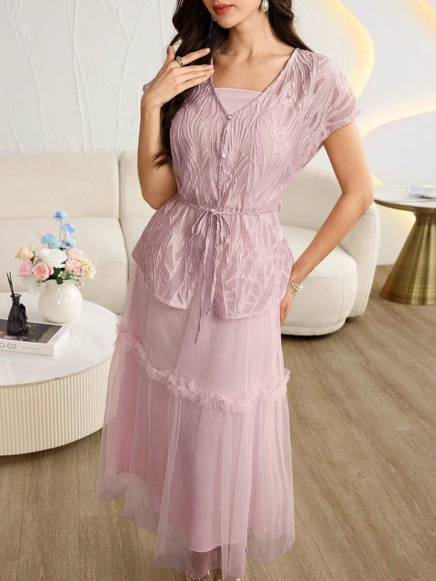 Modelyn Women's French Style Light Pink Jacquard Vest Mesh Strap Dress 2 Pieces Set Wedding Party Summmer