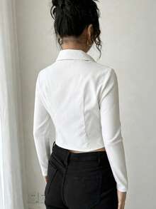 EMERY ROSE Casual Fitted Collared Zip-Up Metal Decor Sexy Long Sleeve Blouse For Women - White - View 2