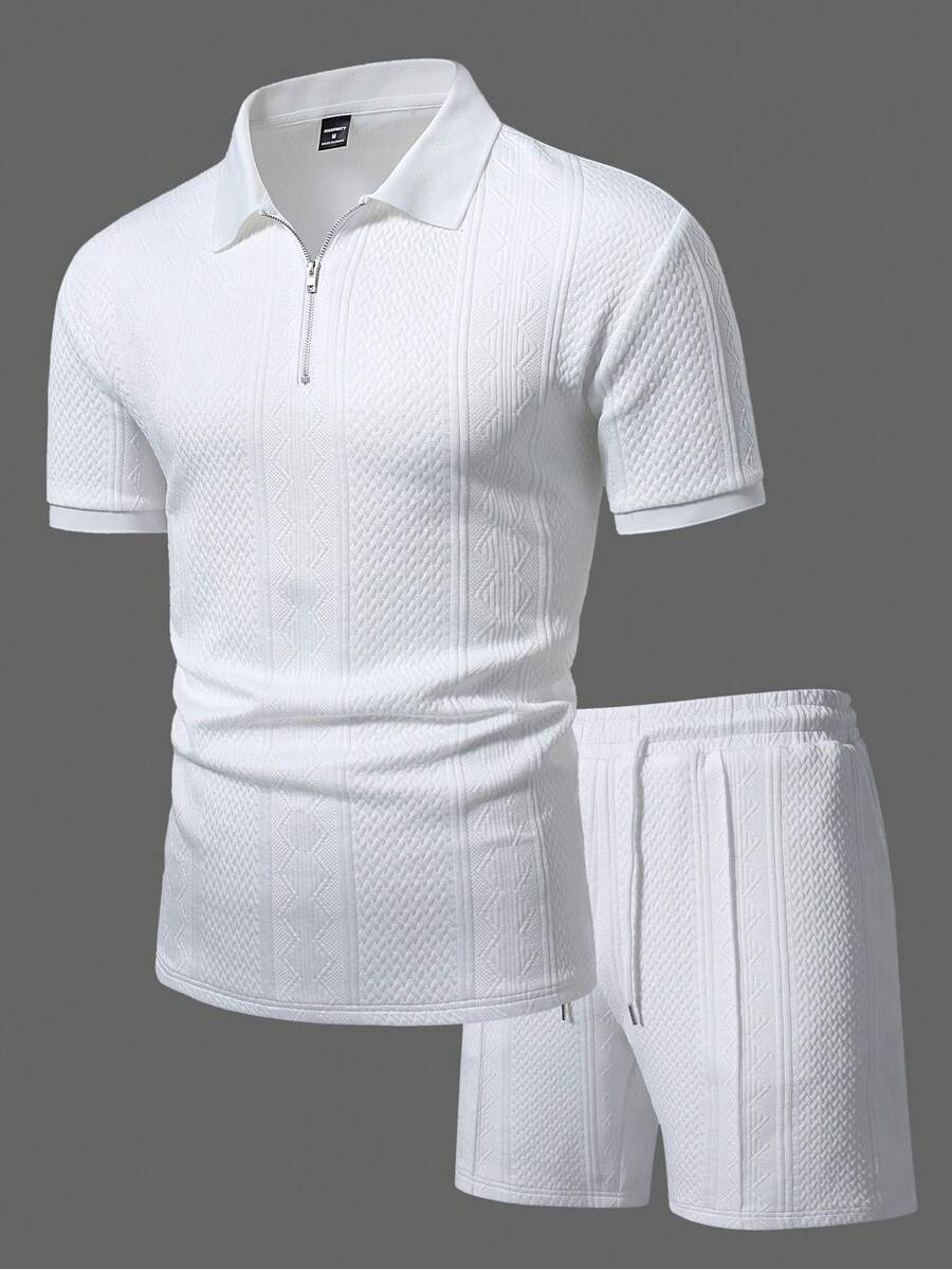 Manfinity CasualCool Bộ đồ thường ngày gồm áo polo nam có khóa kéo và quần short nam có dây rút và túi ở eo. - trắng - Xem 1