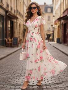 EMERY ROSE 优雅浪漫扎染印花V领收腰法式高端度假通勤连衣裙，女士 - 彩色 - 查看 6