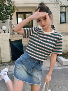 DAZY 條紋印花圓領短袖休閒T恤，夏季圖案印花上衣 - 綠色 - 查看 5