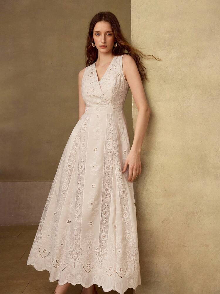 ROMANTIC EMBROIDERED V-NECK SLEEVELESS WAIST CINCHED DRESS, HIGH-END FEEL FOR DATES, VACATIONS IN SPRING/SUMMER