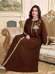 Al Najma Plus Size Women's Turkish Maxi Dress & Arabic Traditional Abaya Kaftan Jalabiya Dress - Coffee Brown - View 8