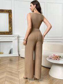Loomaby Pregnant Women's Solid Color Textured Draped Neck Sleeveless Casual Jumpsuit, Comfortable For Summer - Brown - View 3