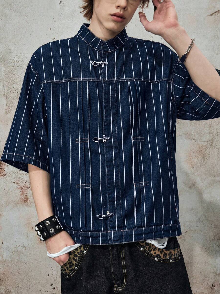 ROMWE MEN Street Life 男士真皮飞机扣条纹领衬衫 - 藍色 - 查看 1