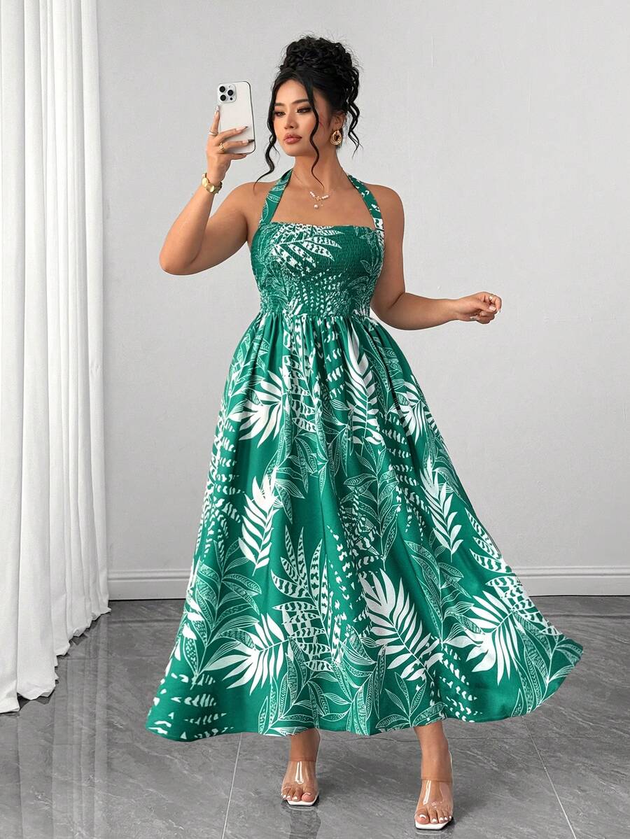 SHEIN Elenzya Đầm maxi cỡ lớn in họa tiết hoa nhiệt đới, kiểu dáng cúp ngực, thắt eo, thanh lịch, không tay, thích hợp cho kỳ nghỉ hè. - màu xanh lá - Xem 1