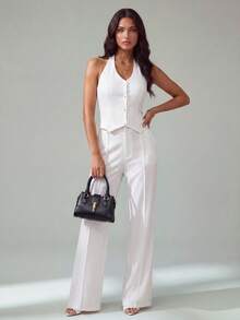 SHEIN Tall Women's Sleeveless Vest Top & Wide Leg Pants 2 Piece Set, Elegant Casual Wear For Commuting, Spring/Summer Women Vacation Outfit Sets Women 2 Piece Outfit Classy Coords Outfit For Women Women Elegant Outfits,Work Outfits For Women - White - View 5